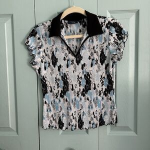 Y2K Womens Floral Crinkle Lettuce Trim Collared Top‎ Med V-Neck Vintage Retro